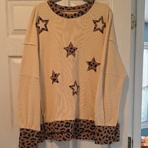 Leopard Trim Star Thermal Pullover - Cream